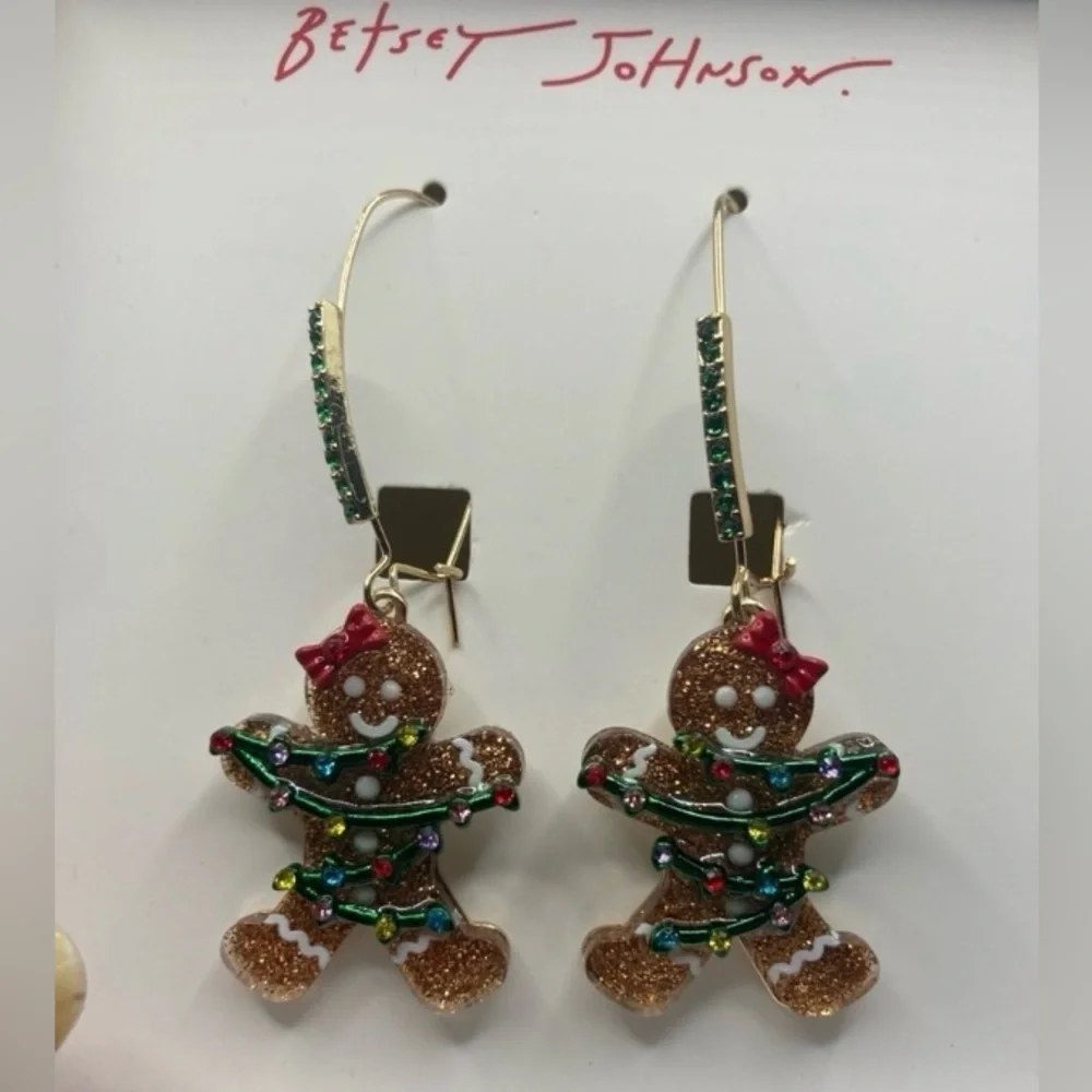 BETSEY JOHNSON SET Christmas Gingerbread in Lights Earrings Necklace Brooch NWT - Picture 5 of 16